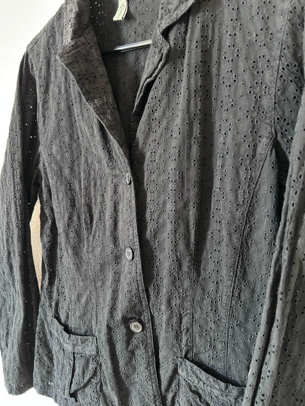 Corporate Goth Layering Black Eyelet Button-Front Long Sleeve Blazer Jacket - Picture 4 of 9